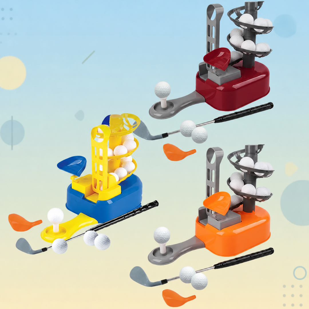 Red, blue, and orange mini golf sets with spiral ball holders, club parts, and white balls