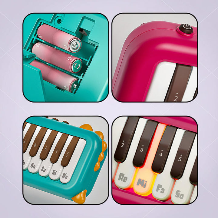 Mini piano details showing the battery compartment, top control, and illuminated key.