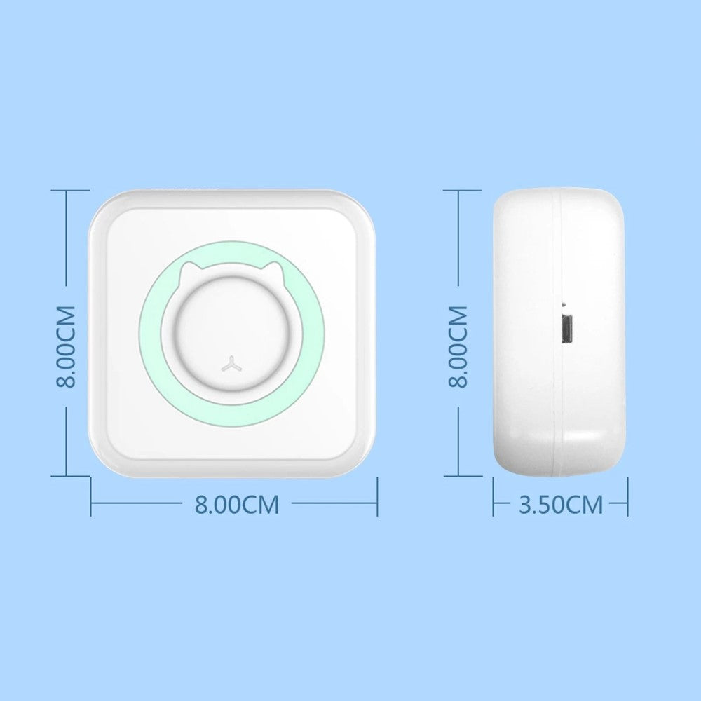 Mini photo printer dimensions shown as 8 cm high, 8 cm wide and 3.5 cm deep