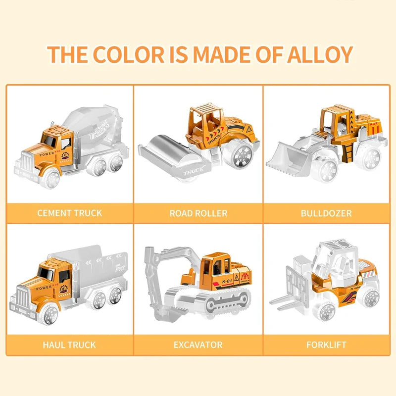 Illustration of a cement mixer, road roller, bulldozer, dump truck, excavator, and forklift.
