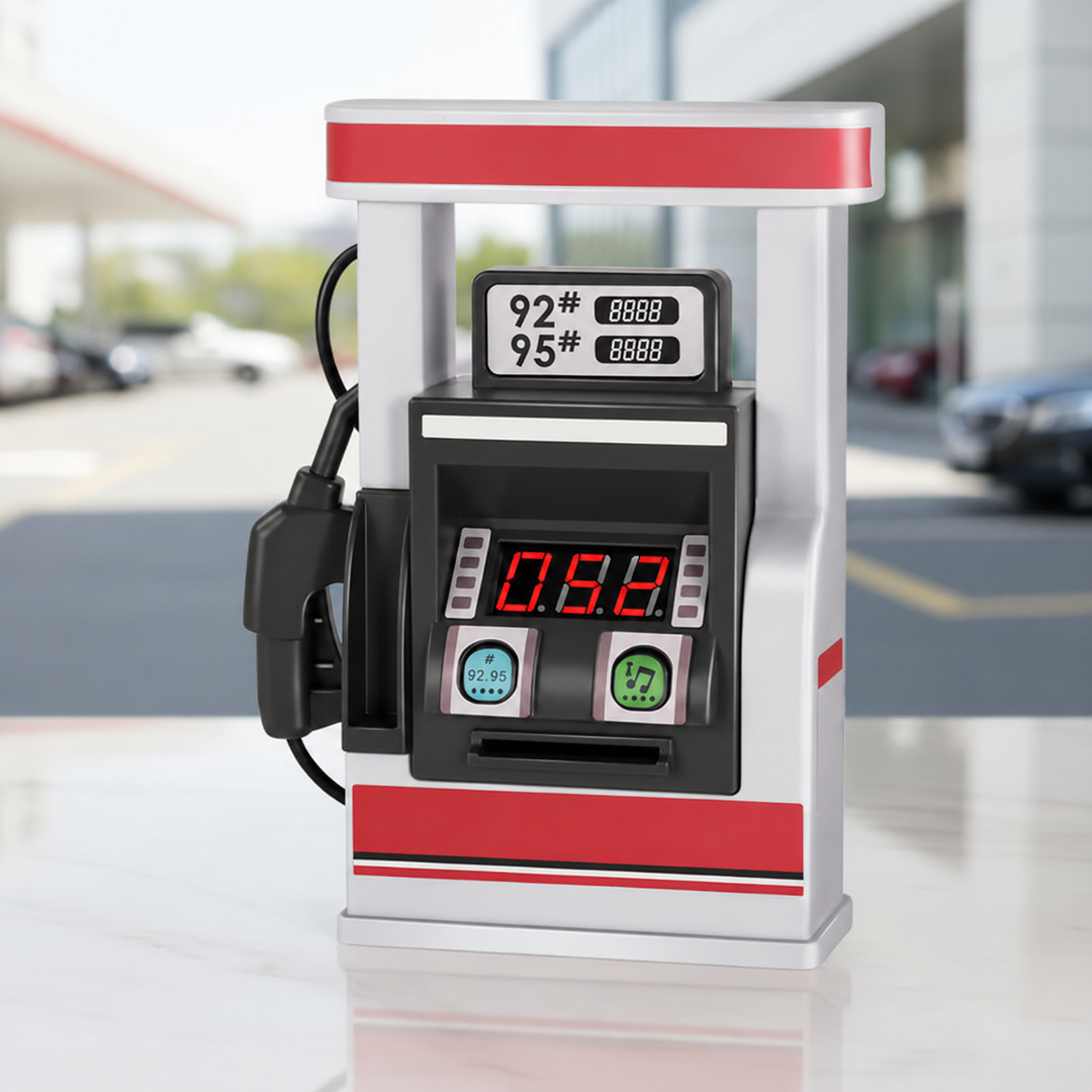 Red, white, and black toy gas pump with a hose and number display.