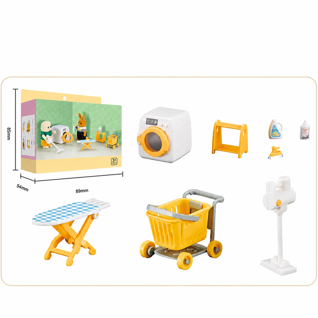 Miniature laundry accessories arranged around a box with package measurements
