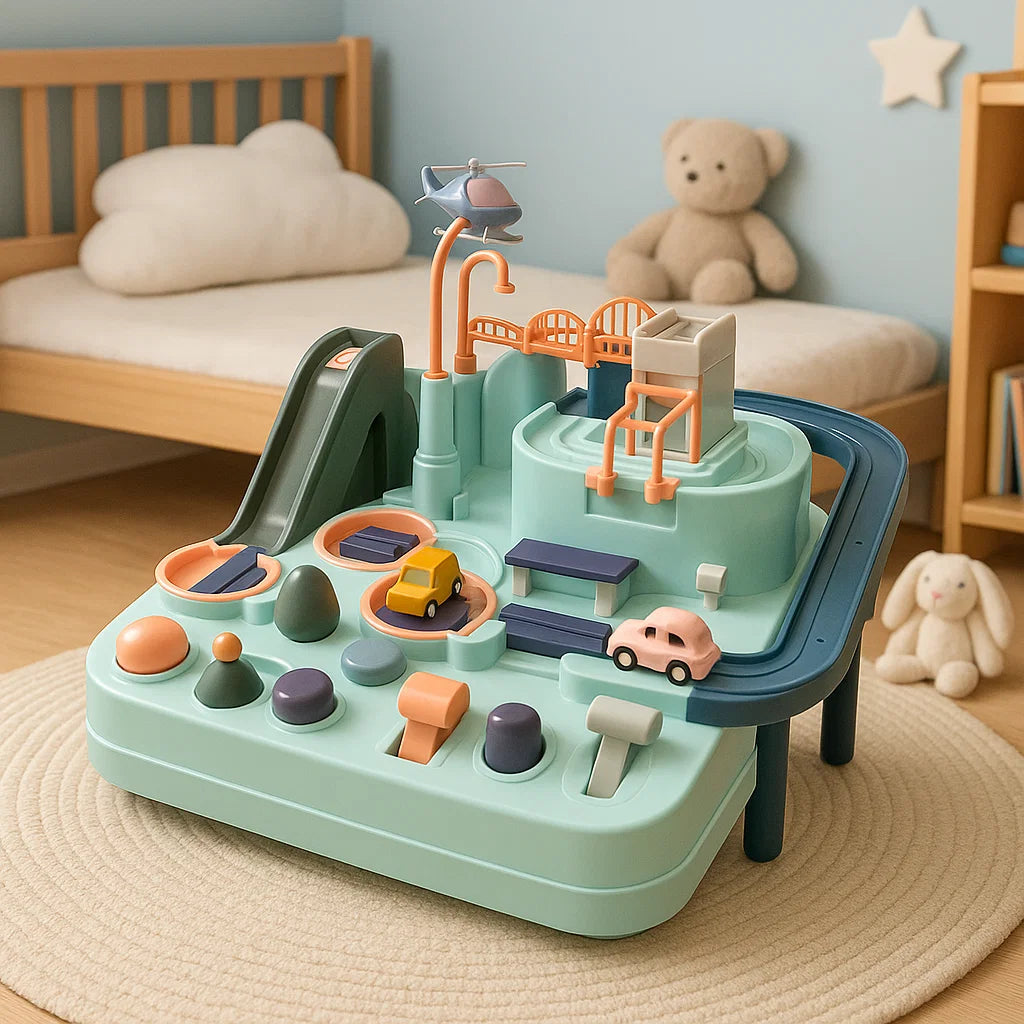 Mint-toned car track playset with orange accents and mini cars on a woven surface