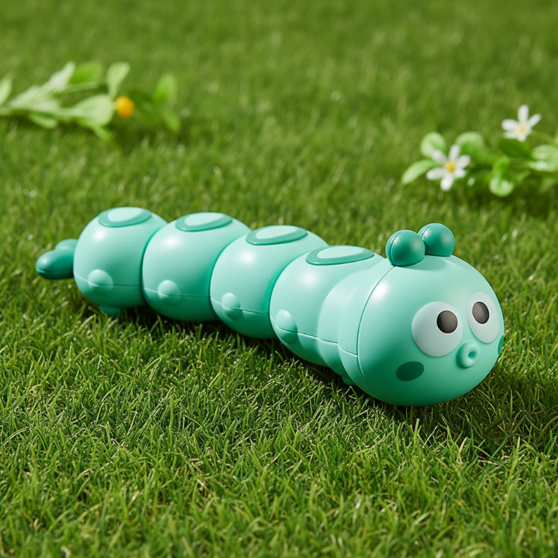 Mint green wind-up caterpillar toy on grass beside small flowers
