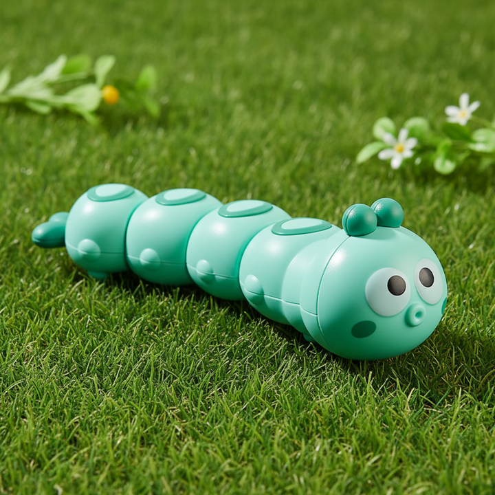 Mint green wind-up caterpillar toy on grass beside small flowers