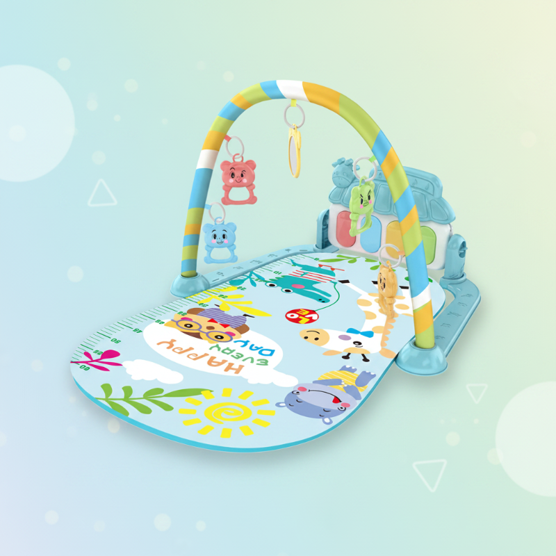 Mint baby play gym with a colorful animal mat and a yellow-and-blue arch
