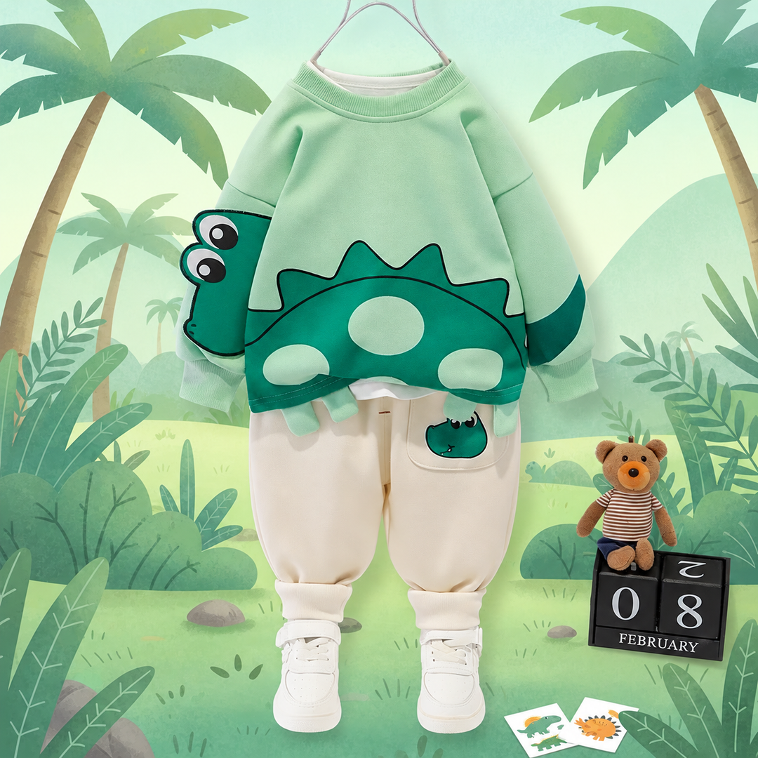 Mint-green dinosaur sweater paired with cream pants with a small dinosaur detail.