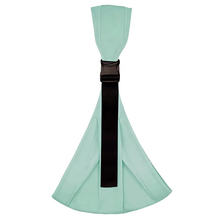 Mint-green hip carrier with a broad fabric shoulder section, black buckle and adjustable strap