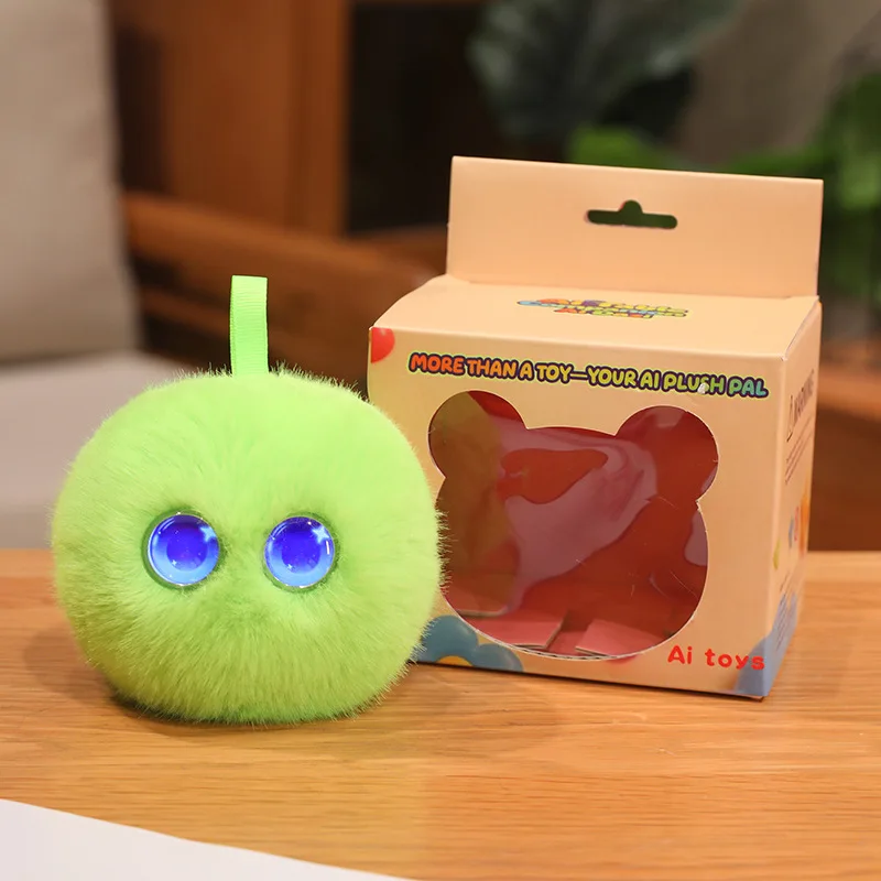 Mint green AI plush toy with blue eyes beside its retail box