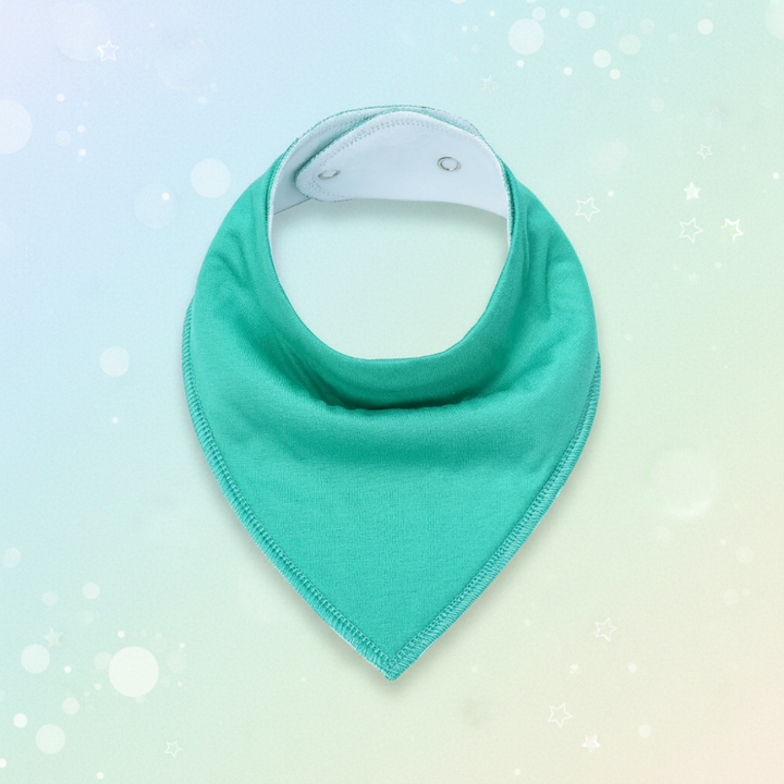 Mint green cotton bandana bib with a white inner lining and adjustable snaps