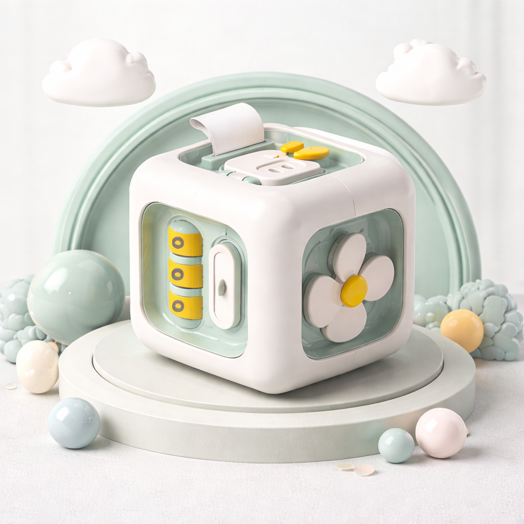 Mint green activity cube with a flower spinner, number rollers, and a sliding control