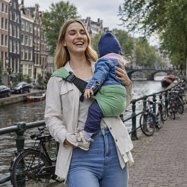 Mint-green hip carrier worn while an adult holds a child beside a city canal