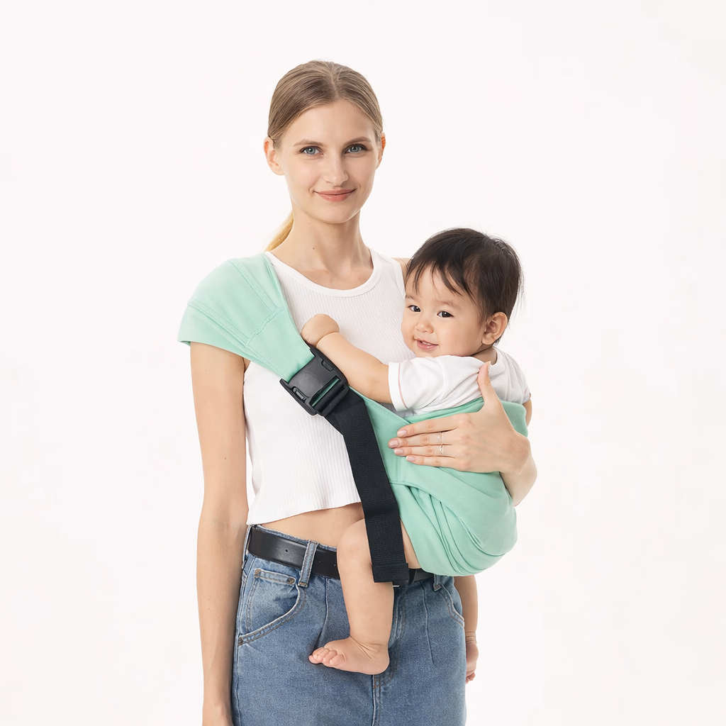 Front view of an adult wearing a mint-green hip carrier with a child seated at the hip