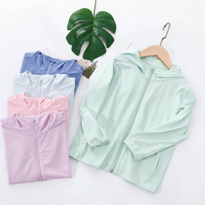 Mint green hooded jacket beside folded blue, white, pink, and lavender jackets.
