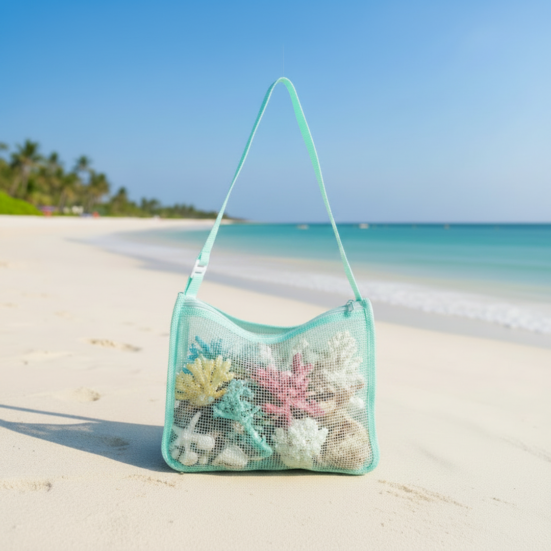 Mint green mesh shoulder bag holding seashells on a sandy beach