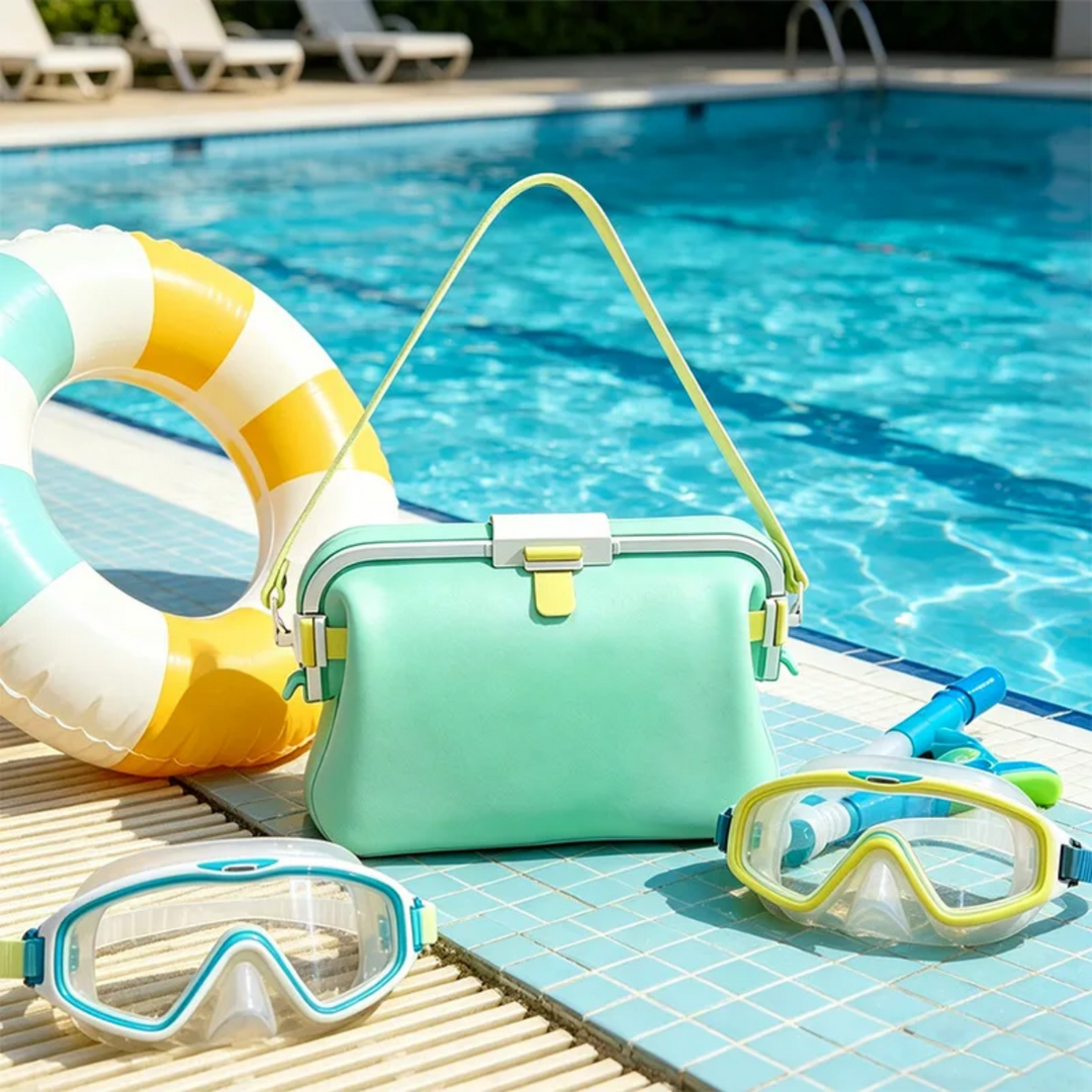 Mint green silicone shoulder bag with a yellow strap beside a pool and swimming goggles.