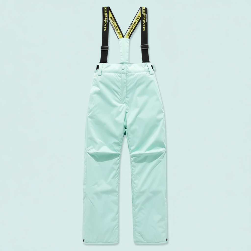 Mint green suspender ski pants shown from the front