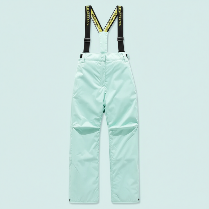 Mint green suspender ski pants shown from the front