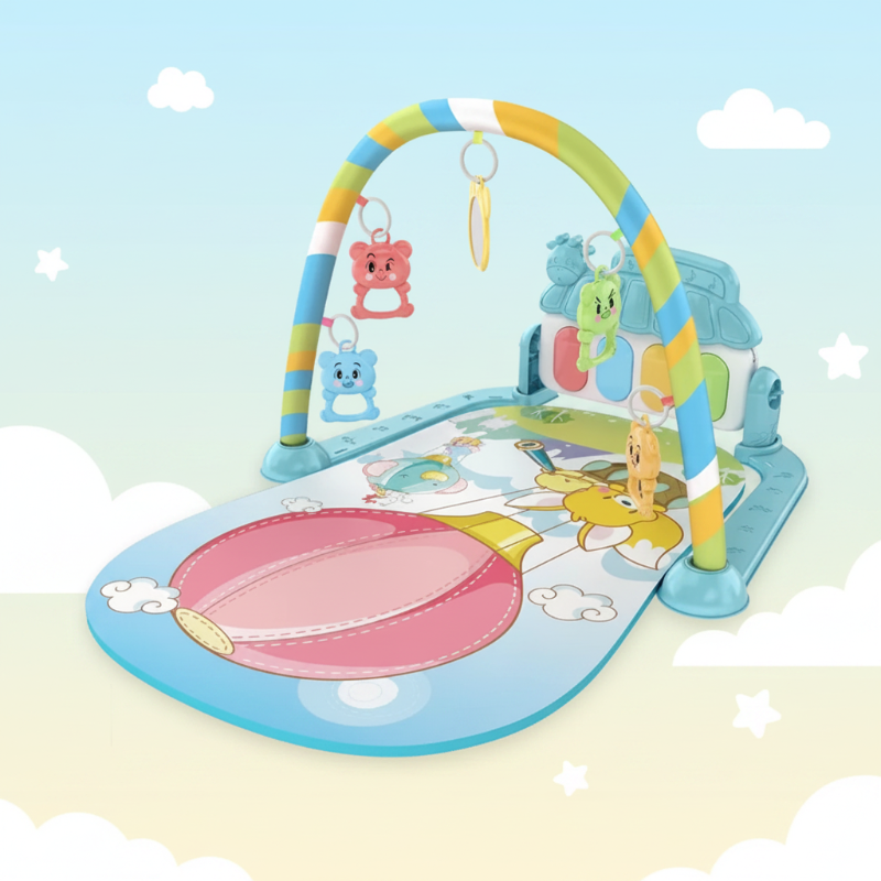 Mint baby play gym with a hot-air balloon mat and a pastel striped toy arch