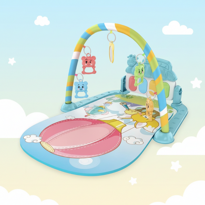 Mint baby play gym with a hot-air balloon mat and a pastel striped toy arch