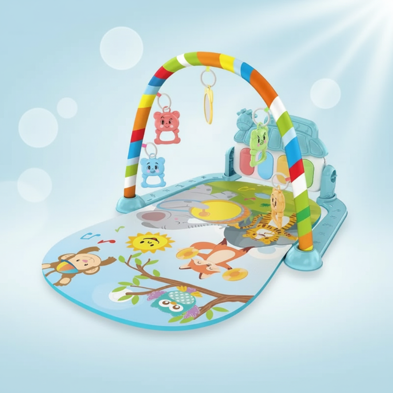 Mint baby play gym with a jungle animal mat and a multicolored arch