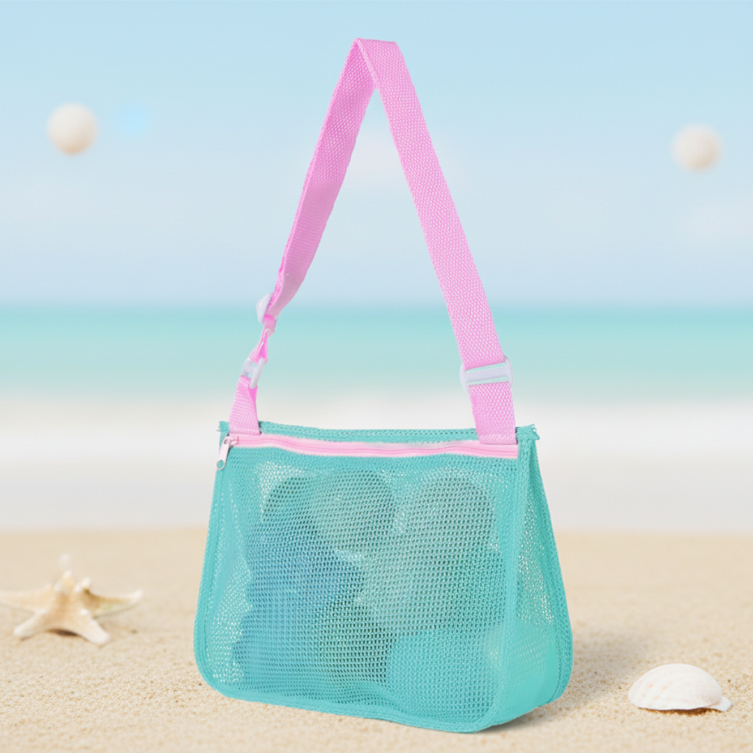 Mint mesh beach bag with pink trim and an adjustable pink shoulder strap