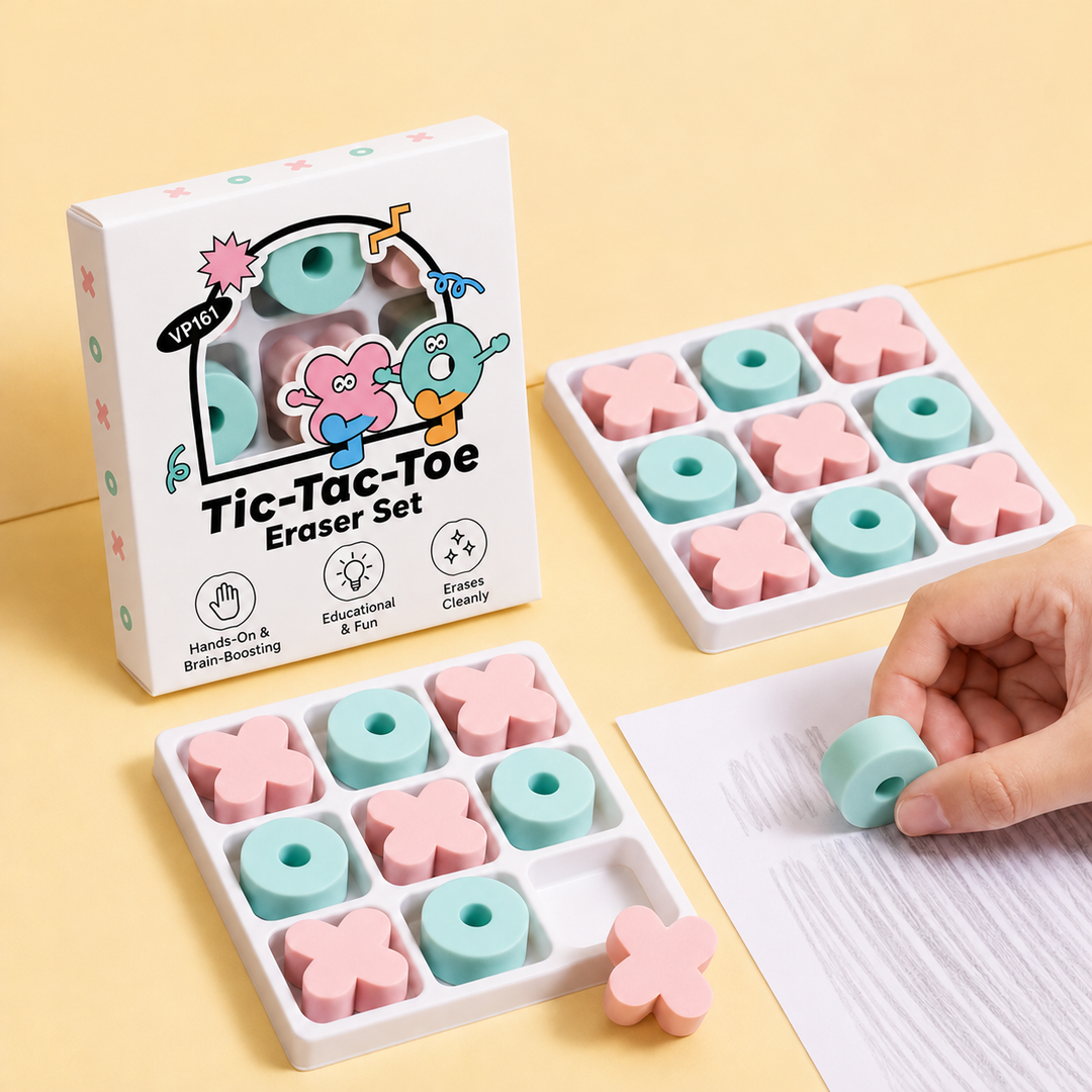 Pastel tic-tac-toe eraser boards and a hand using a mint O eraser on pencil marks.