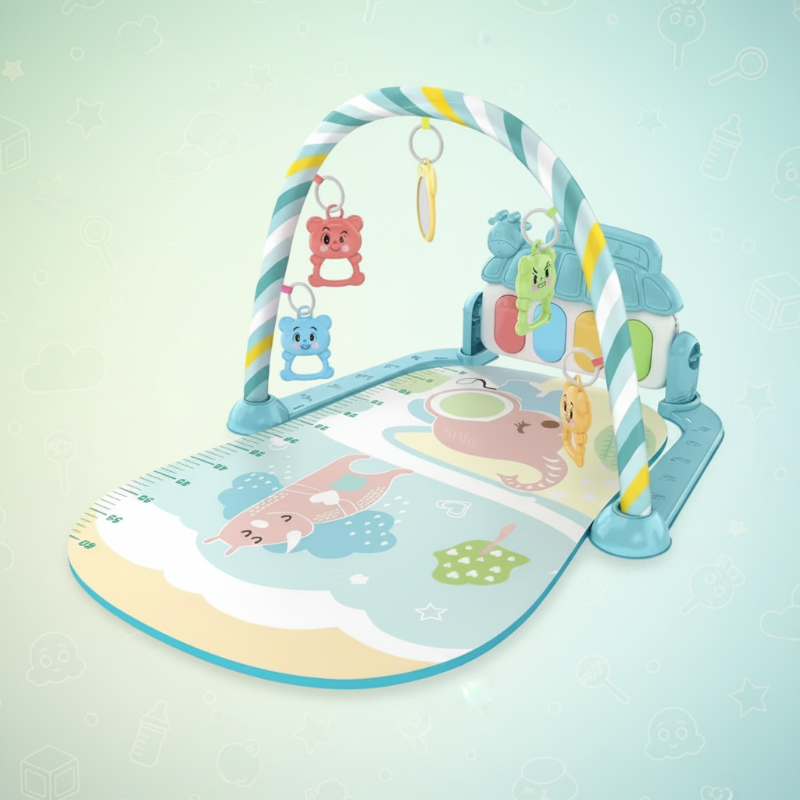 Mint baby play gym with a pastel animal-print mat, hanging toys, and a piano