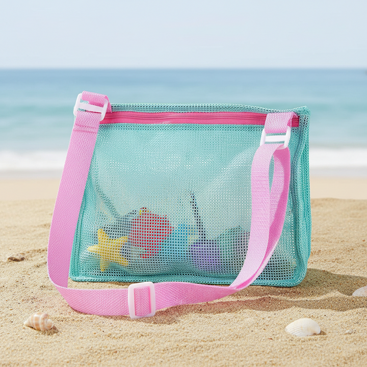 Mint mesh beach bag with a pink adjustable shoulder strap and zippered top