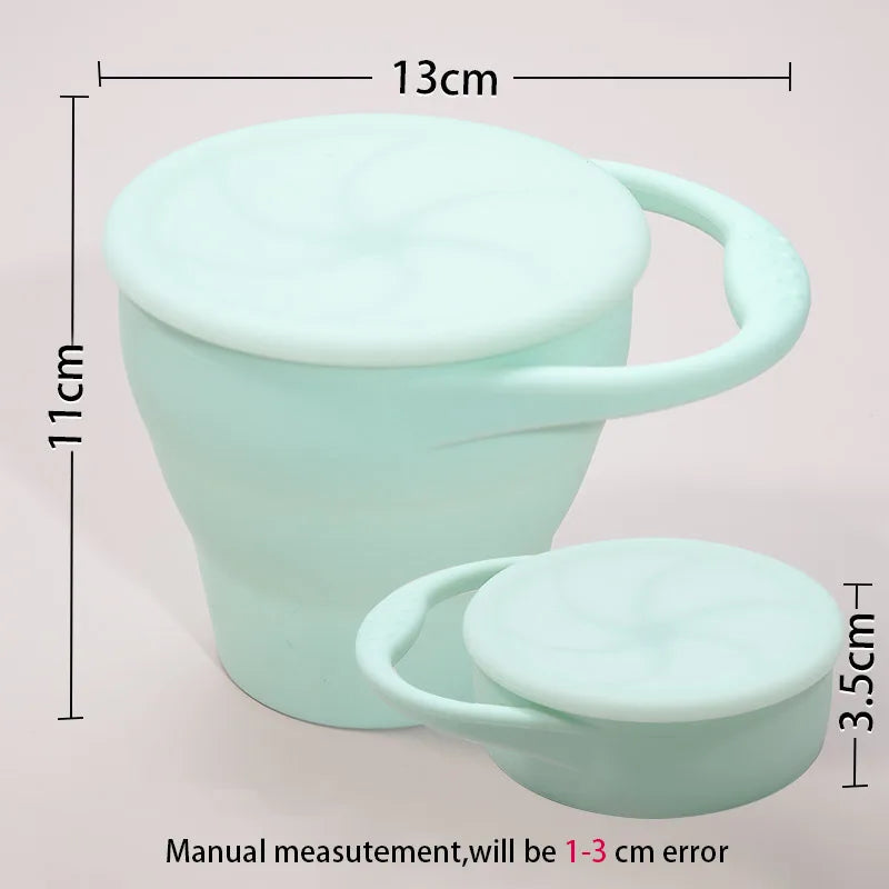 Mint snack cup shown expanded at 11 x 13 cm and collapsed to 3.5 cm high