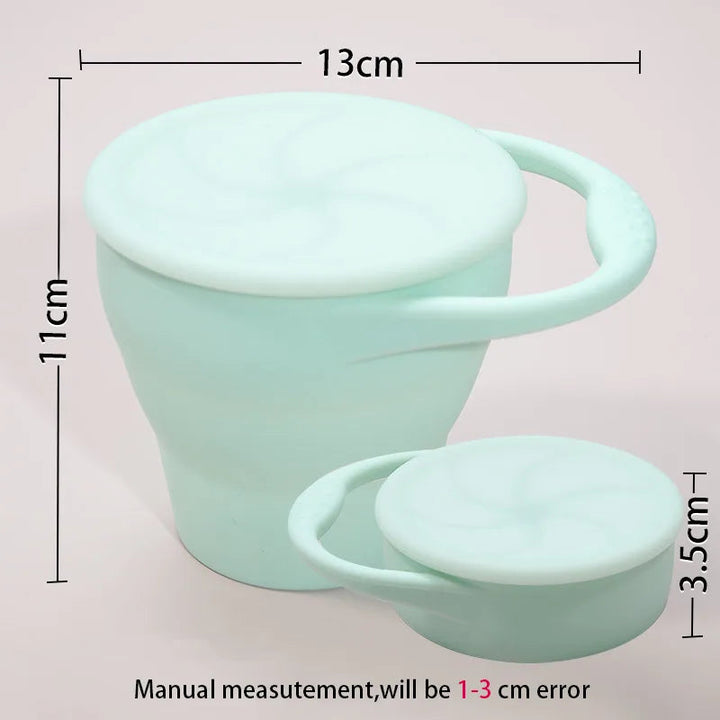 Mint snack cup shown expanded at 11 x 13 cm and collapsed to 3.5 cm high