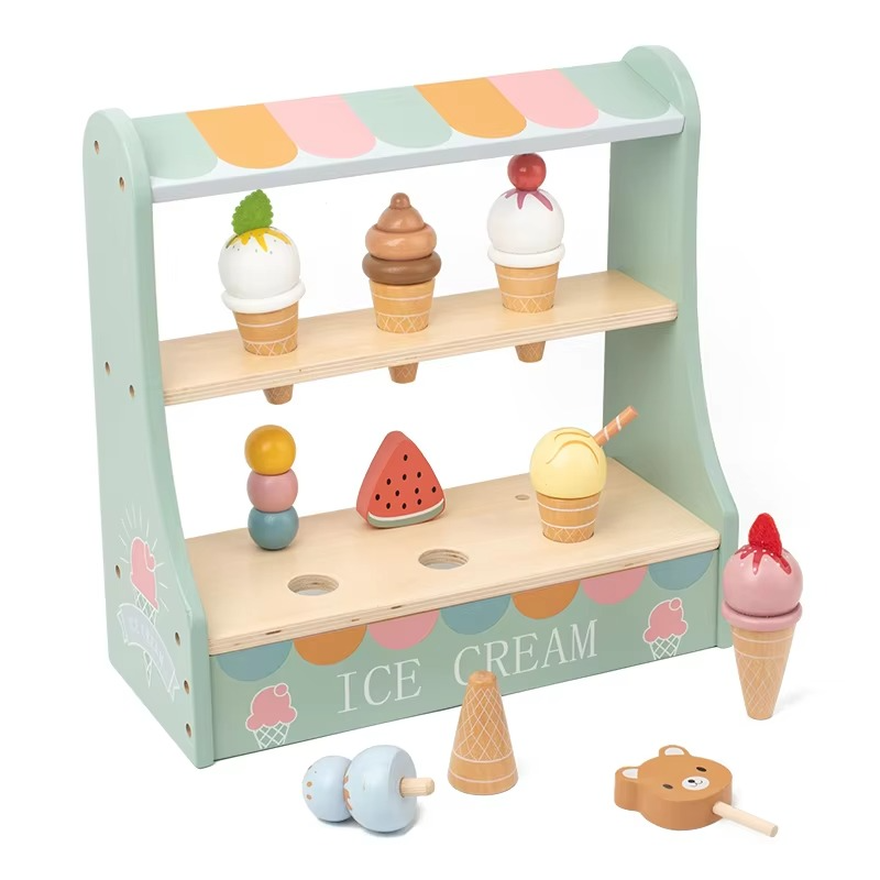 Mint green two-tier pretend ice cream stand with cones and assorted toy treats
