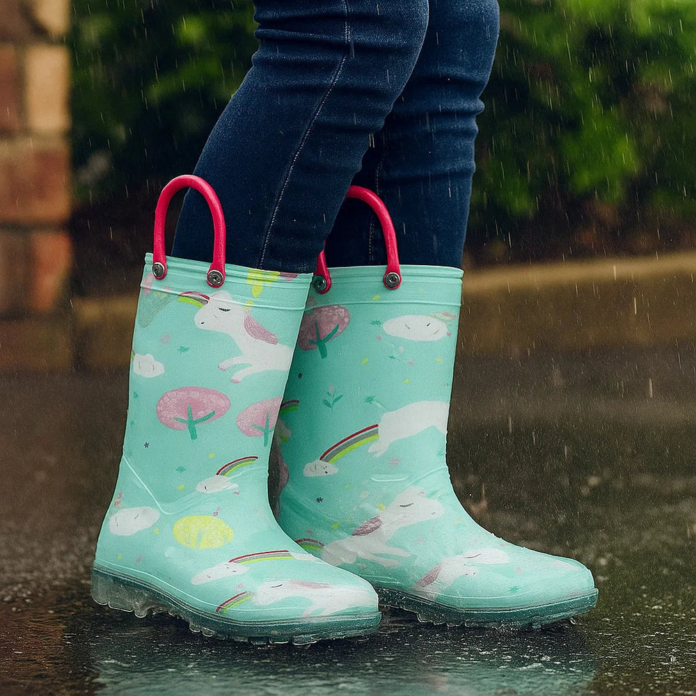 Mint unicorn-print rain boots with pink pull-on loops worn on wet pavement