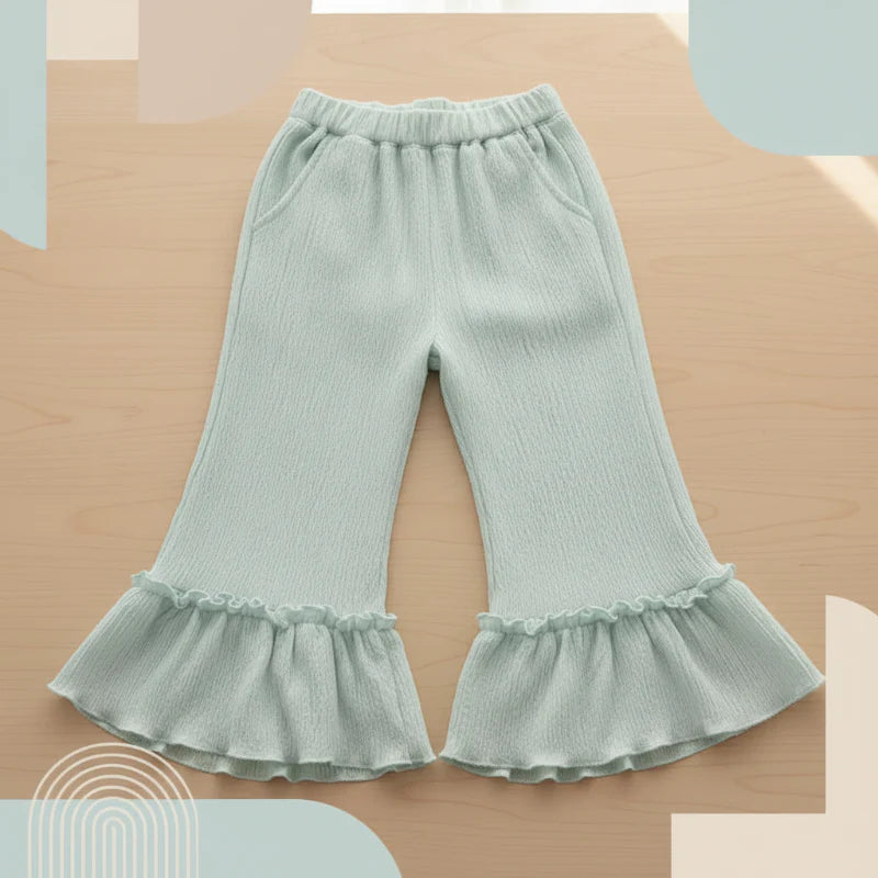 Pale green wide-leg pants with an elastic waistband and ruffled hems
