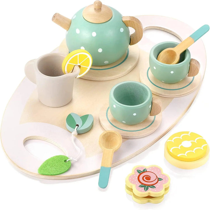 Mint-green wooden tea set with a teapot, two cups, milk jug, play treats and an oval serving tray
