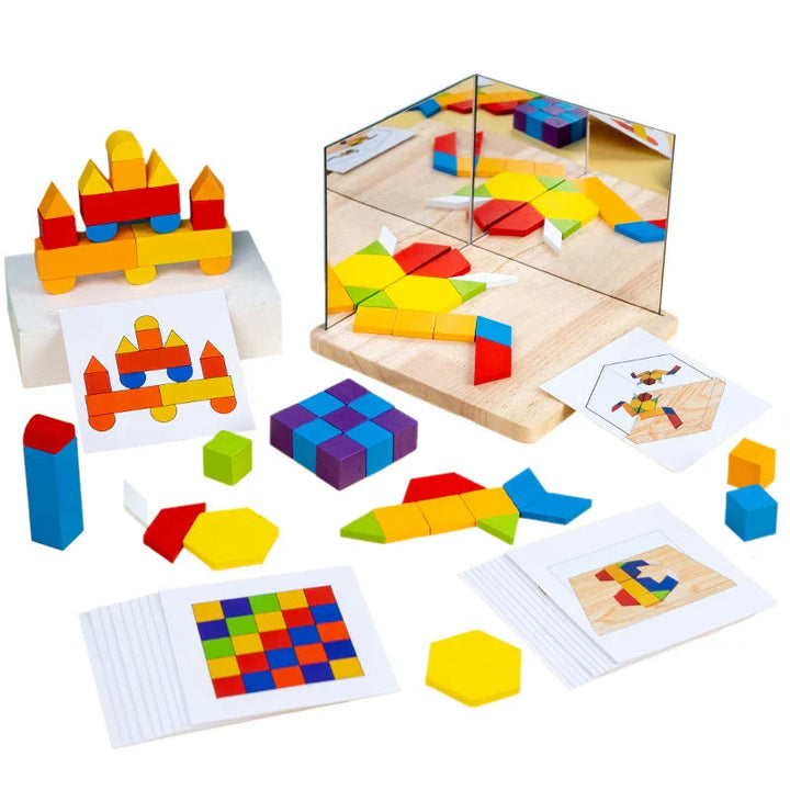 Wooden mirror puzzle set with colorful blocks, illustrated pattern cards, and a mirrored base.