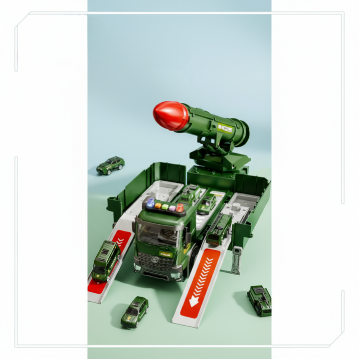 Green military toy truck opened into a play base with ramps, miniature vehicles, and a single rocket launcher