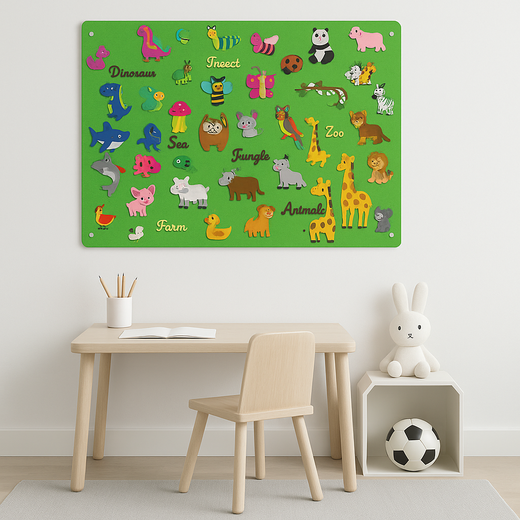 Mixed-animal felt board featuring dinosaurs, insects, sea creatures, and zoo and farm animals