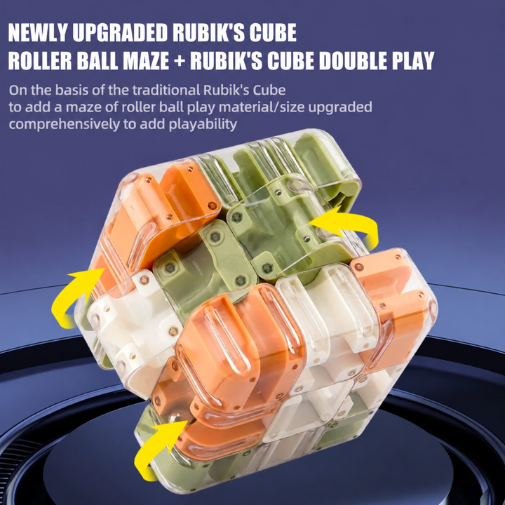 Mixed-color ball-maze puzzle cube shown with its sections twisted