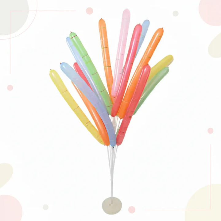 Inflated rocket balloons in mixed colors arranged in a fan-shaped display