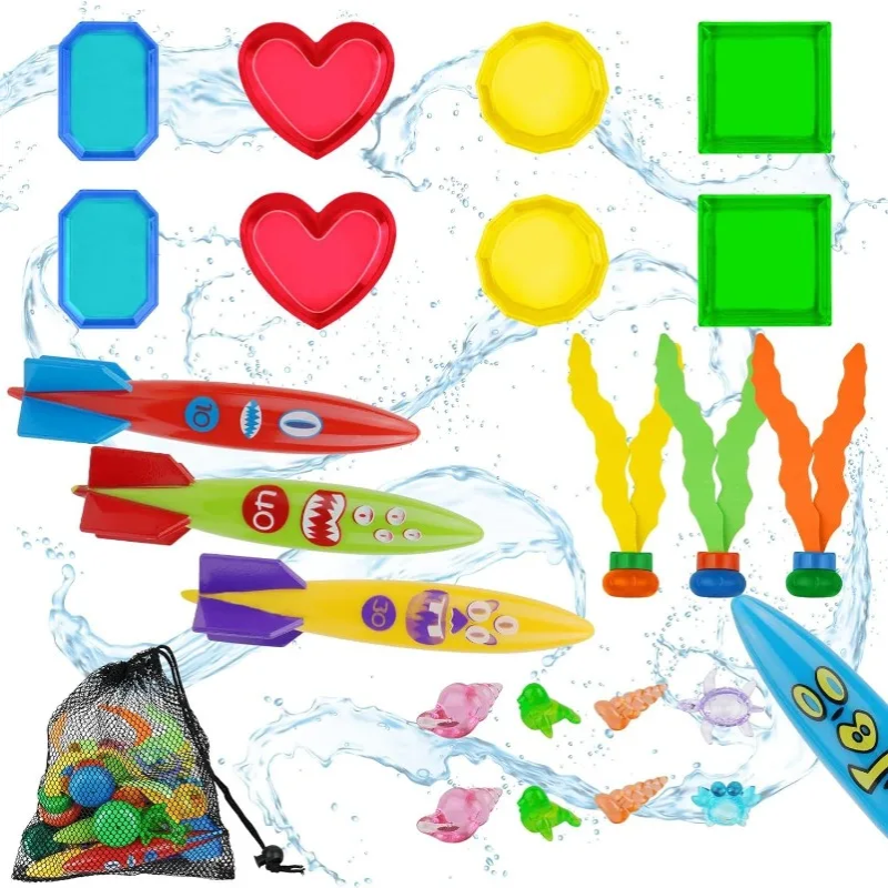 Assortment of diving toys with gem shapes, torpedoes, ribbon divers, small figures and a mesh bag