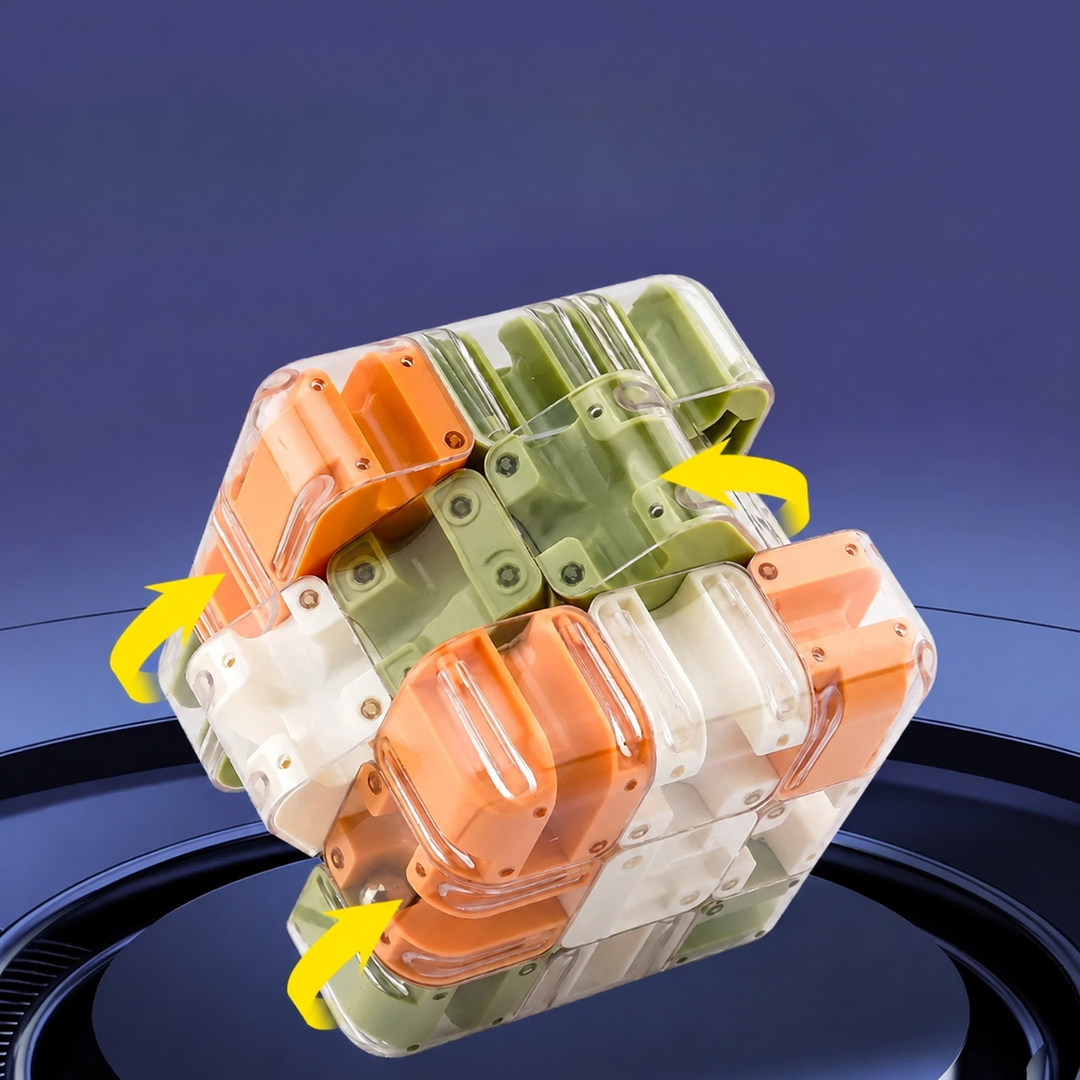 Mixed-color puzzle cube with transparent maze channels and arrows showing rotating sections