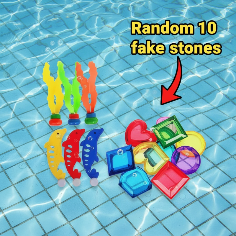 Set option with ribbon-style divers, fish-shaped pieces and colorful play gems on a pool floor