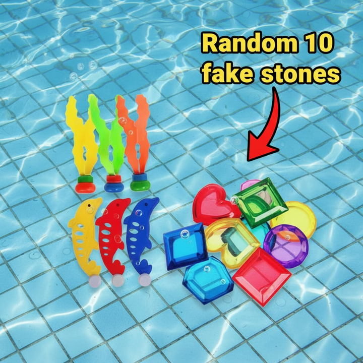 Set option with ribbon-style divers, fish-shaped pieces and colorful play gems on a pool floor