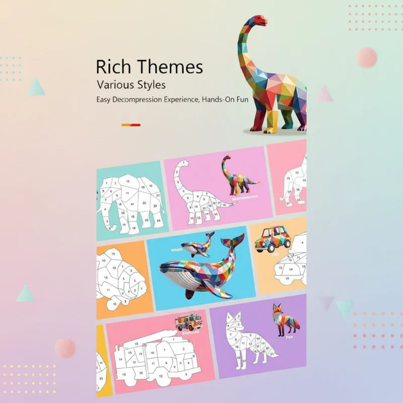 Numbered outlines and finished sticker designs featuring animals, dinosaurs, ocean life, and vehicles