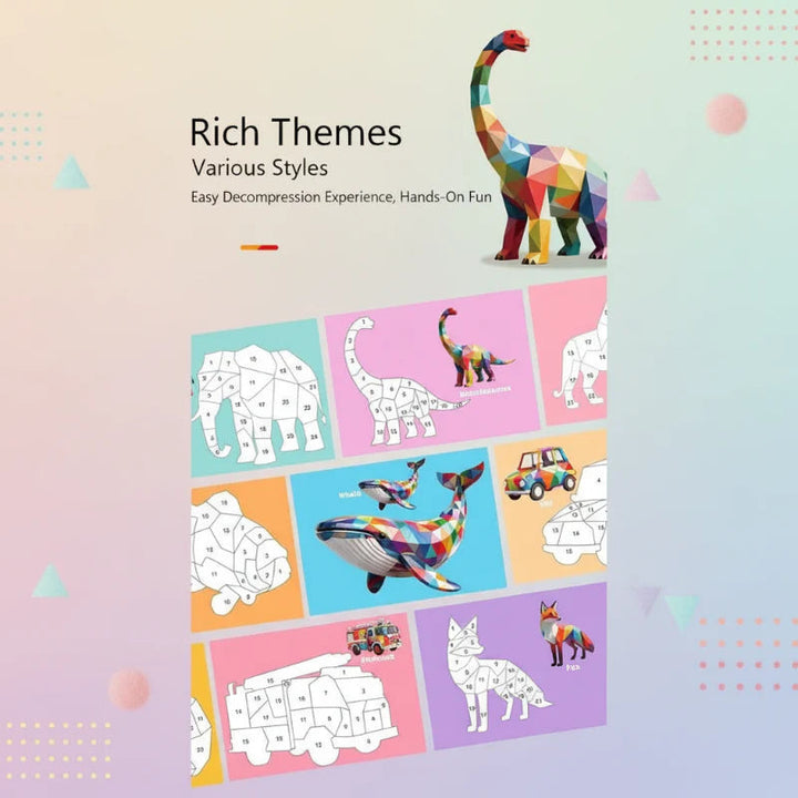 Numbered outlines and finished sticker designs featuring animals, dinosaurs, ocean life, and vehicles