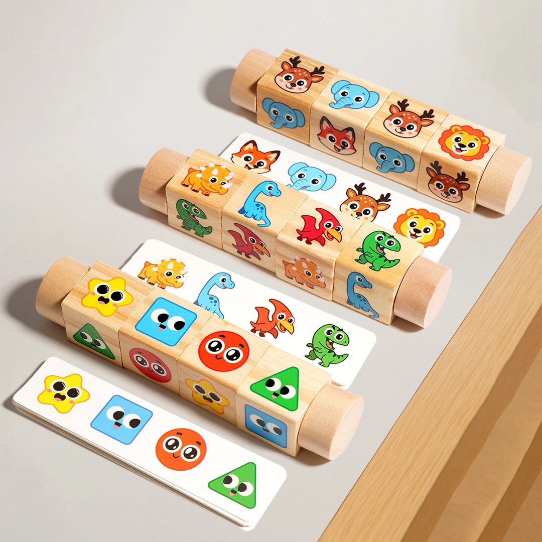 Animal, dinosaur, and shape puzzle bars arranged above matching cards