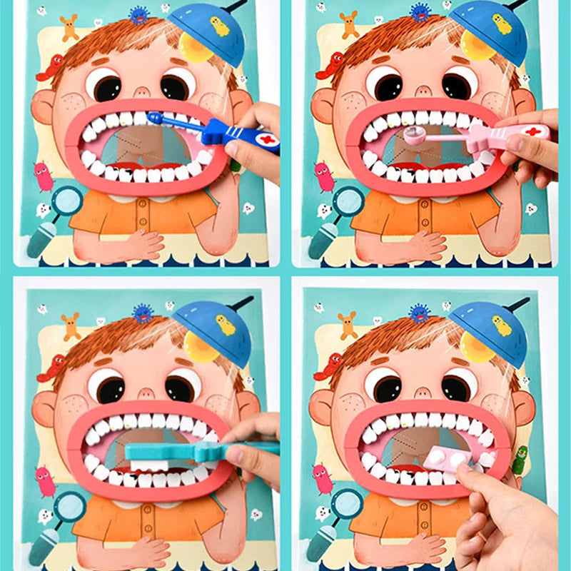 Four close-ups showing brushing, a toy mirror, and tooth removal on the model mouth