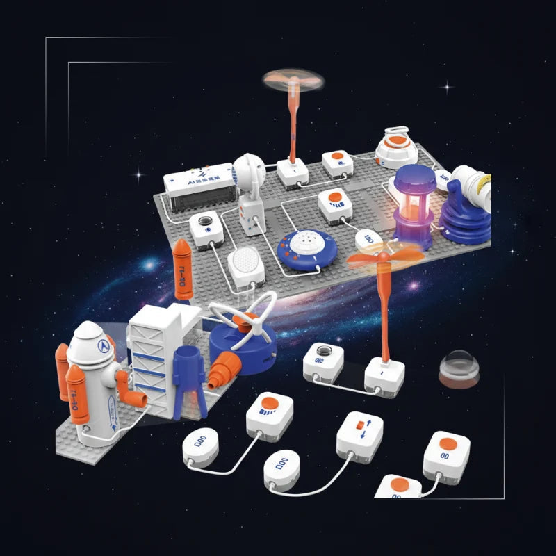 Modular circuit boards with propellers, switches and connected electronic components against a dark background