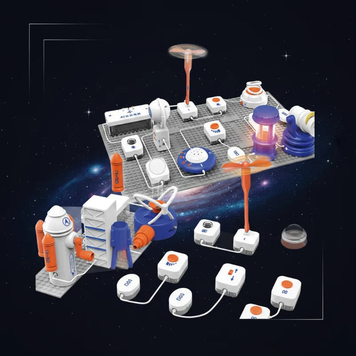 Modular circuit boards with propellers, switches and connected electronic components against a dark background